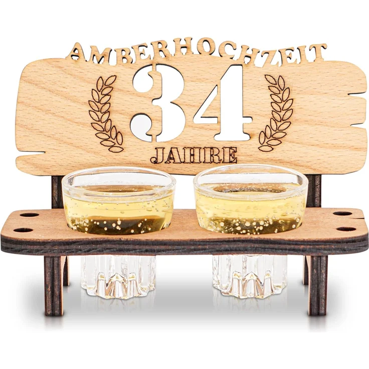 DARO Design - Schnapsbank 34. Hochzeitstag Amberhochzeit Geschenk Deko für Paare Männer Frauen aus Holz mit Gläsern – Bild 1