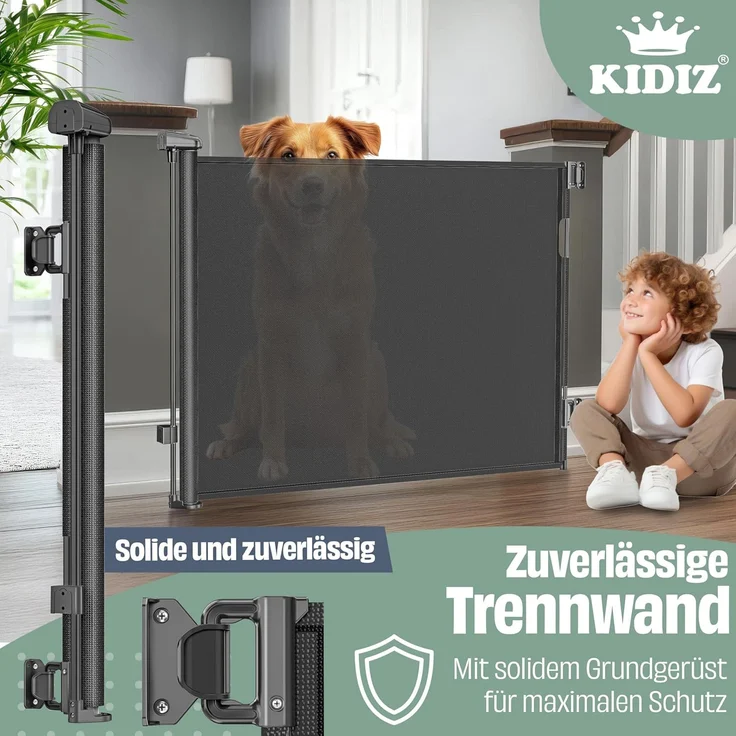 KIDIZ® Treppenschutzgitter Türschutzgitter ausziehbar bis 140/180cm | kindersicheres Treppengitter für Babys & Haustiere | Schutzgitter Treppen & Türen Absperrgitter inkl. Bodenanker & Montagezubehör Schwarz, 0-180cm – Bild 2