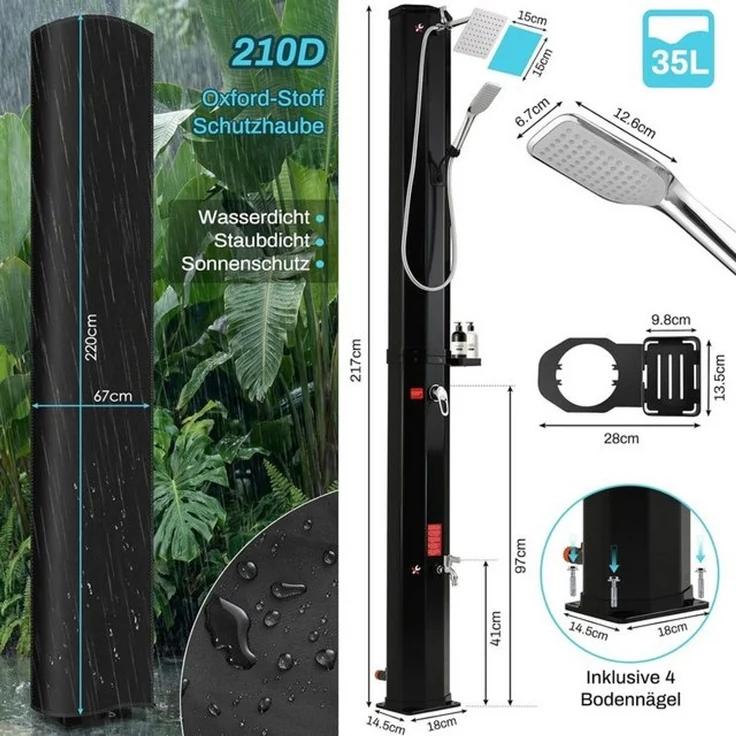 TLGREEN Solardusche Gartendusche Mit Handbrause, 360° Duschkopf & Fußdusche (35L Solar Gartendusche mit Staubschutzhülle + Seifenschale, UV-beständig PVC, bis 60°C Warmwasser ohne Strom), für Garten/Pool/Camping, einfache Installation – Bild 4