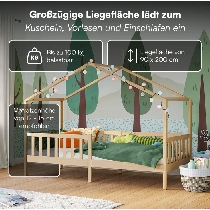 Bellabino 'Bia' Hausbett 90x200 cm, natur, Kiefer Massivholz, Montessori Kinderbett mit Rausfallschutz und Lattenrost – Bild 4
