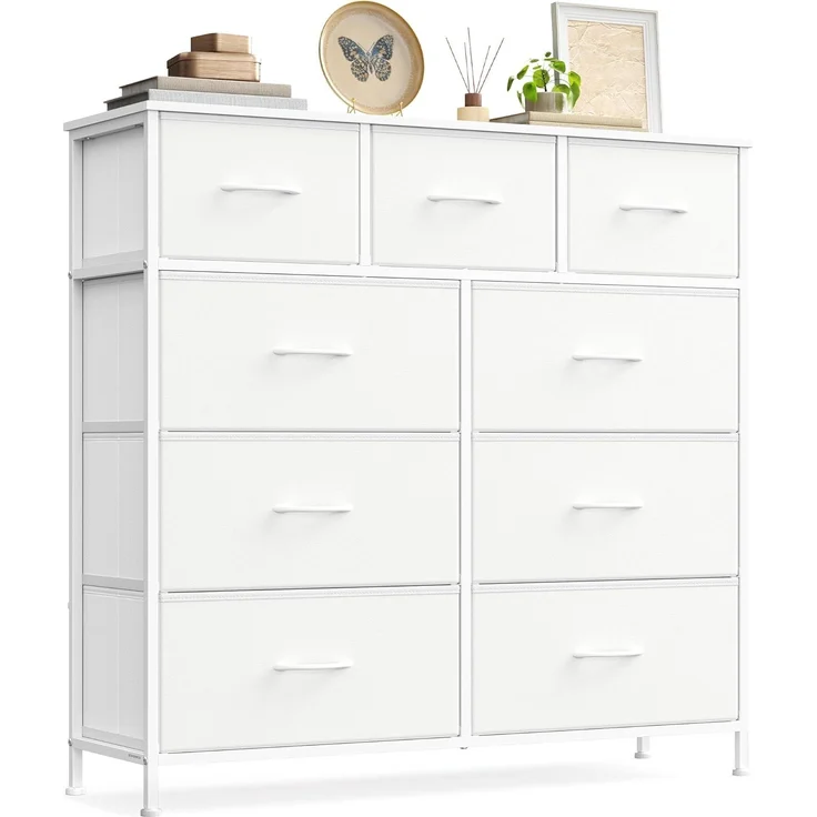 SONGMICS Kommode, Schrank, 9 Stoffschubladen, Aufbewahrungsschrank, Stahl, MDF, Vliesstoff, für Schlafzimmer, Flur, Wohnzimmer, wolkenweiß-schneeweiß LGS324WH01 – Bild 1