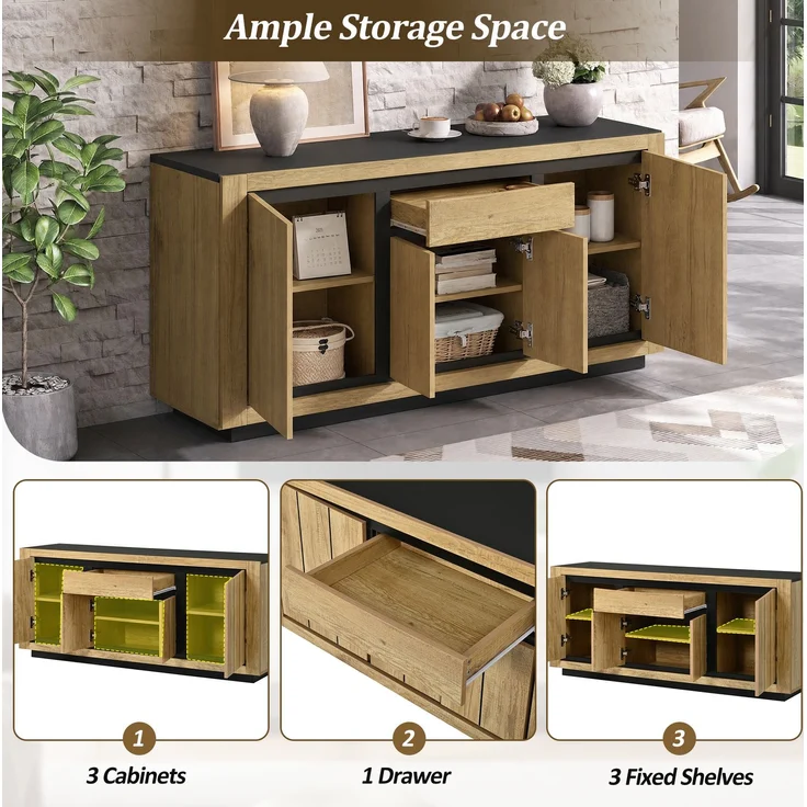 Sideboard 140 x 40 x 60 cm mit 4 Türen und Schublade – MDF in Holzoptik und Schwarz – Bild 8