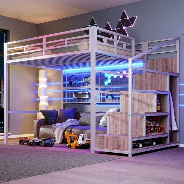 EINHOM Hochbett, 140 x 200 cm, Eisenrahmen, Kleiderschrank, Stauraumleiter, Gitter zum Aufhängen von Gegenständen, Freifläche unter dem Bett, 7-farbige LED-Leuchten, Weiß (Ohne Matratze)