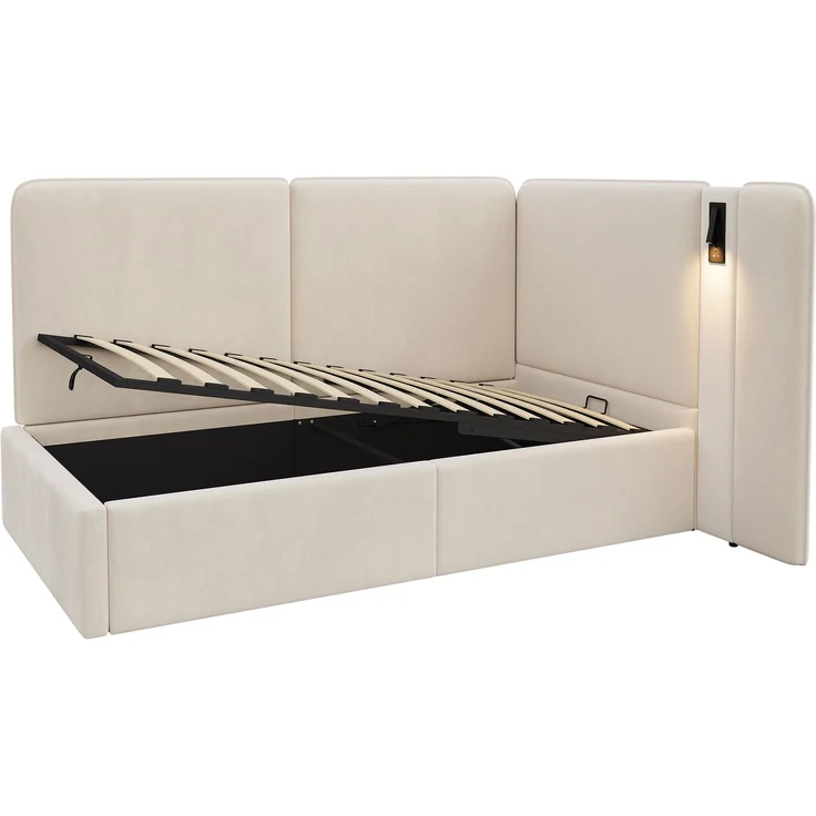 Merax Einzelbett, Kinderbett, Polsterbett 90x200 cm Daybett, mit hydraulischem Stauraum Aufladen Leselampe, Samt, beige – Bild 9