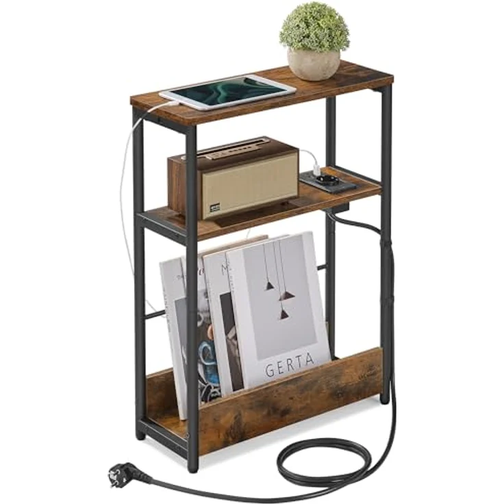 Vasagle Beistelltisch schmal, Nachttisch mit Ladefunktion, Couchtisch klein, 3 Ablagen, Zeitschriftenhalter, für Wohnzimmer, Schlafzimmer, Arbeitszimmer, vintagebraun-tintenschwarz LET335K02 – Bild 2