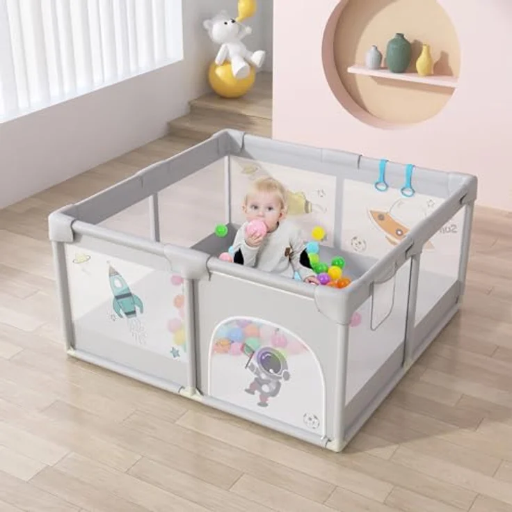 FIVMEN Laufstall 127x127cm Mit 50 Spielbällen, Krabbelgitter Und 4 Zugringen - Tragbarer Baby Playpen, Grauer Raumfahrer – Bild 7