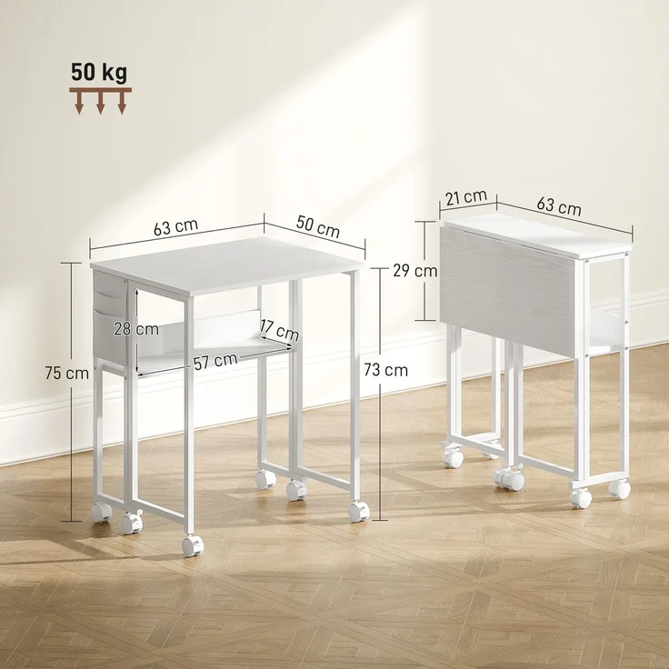 MELAYR, Faltbarer Schreibtisch, zum Beistelltisch umwandelbar, offenes Regal, Weiß, 63 x 50 x 75 cm – Bild 5