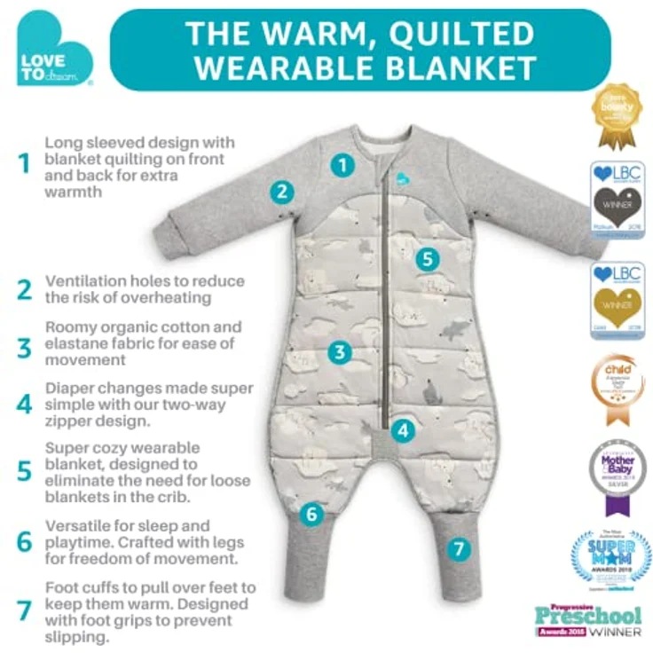 Love To Dream Schlafanzug, extra warm, 4–5 Jahre, grau, 3,5 Tog für Kälte (unter 16 °C), Lange Ärmel, maschinenwaschbares Baumwollfleece, für Bewegung mit Grip-Pads, Von Hebammen empfohlen – Bild 5