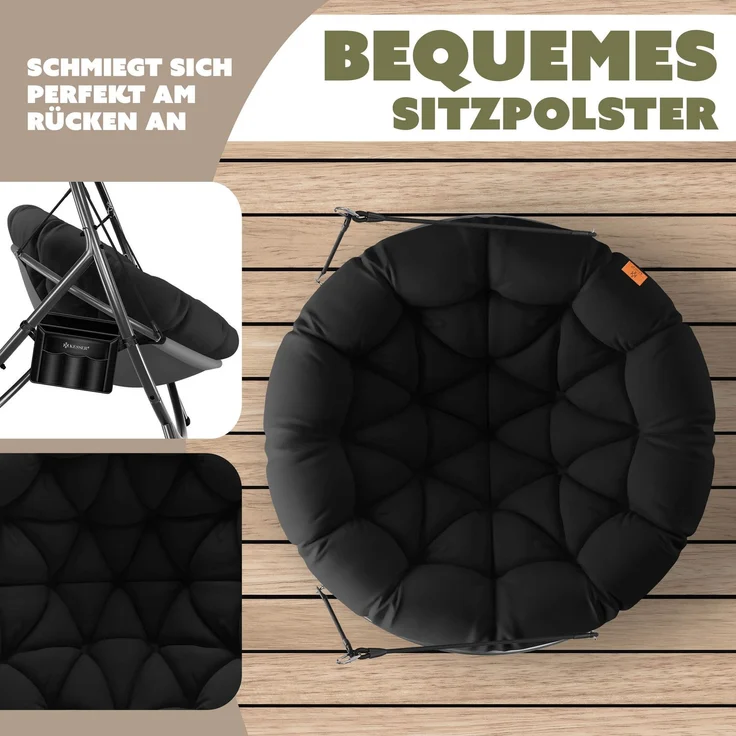 KESSER® 'BALI' Hängesessel, mit Gestell, bis 150kg, für Indoor und Outdoor + Kissen & Seitentasche, Stahlgestell/Schaumstoff Schwarz, 167,5 x 140 x 115,5 cm – Bild 3
