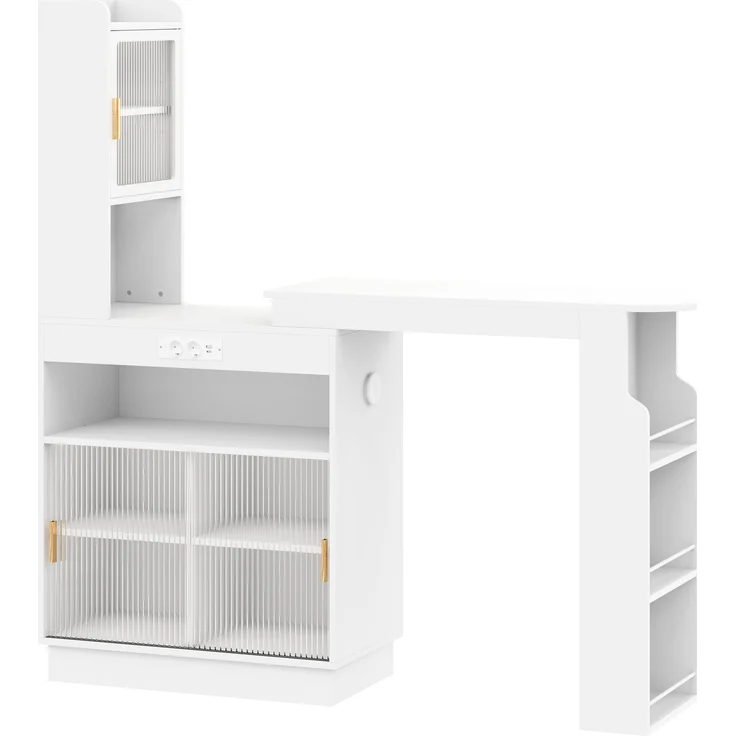 ZUBALIYA Küchenschrank mit Glastüren / Barschrank & Sideboard, mit ausziehbarer Bartisch & Stehtisch mit Stauraum und steckdose, Weiß, 131–170 x 40 x 170 cm, fürs Büro, mit LED, Samt – Bild 18