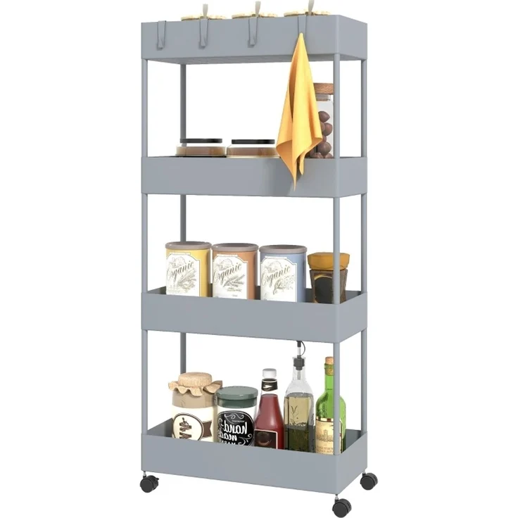 Nischenwagen 40x19x90 cm mit 4 Ebenen, Rollen und abnehmbaren Haken – Grau – Bild 4
