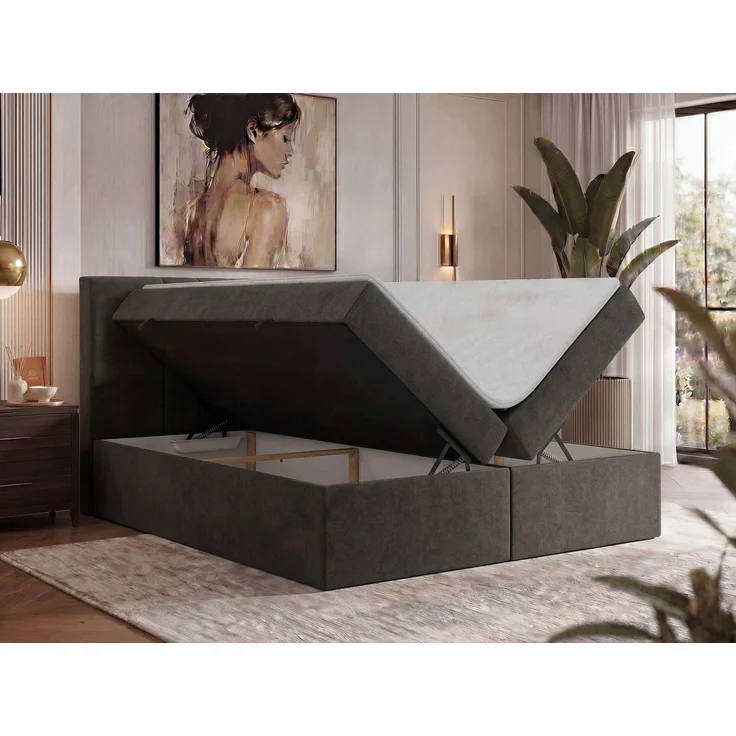 Boxspringbett INERO 180 x 200 mit Matratze H4 und Topper T25, 7-Zonen-Multipocket-Kern, zwei Bettkästen, Doppelbett, gepolstert Kopfteil - Dunkelgrau Stukture – Bild 4