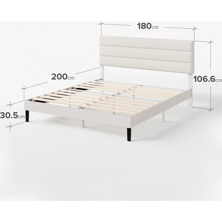 Zinus Piper Bett 180x200 cm - Höhe 30 cm - Gepolstertes Bettgestell mit Kopfteil - Lattenrost aus Holz - Kein Boxspring erforderlich – Creme – Bild 2