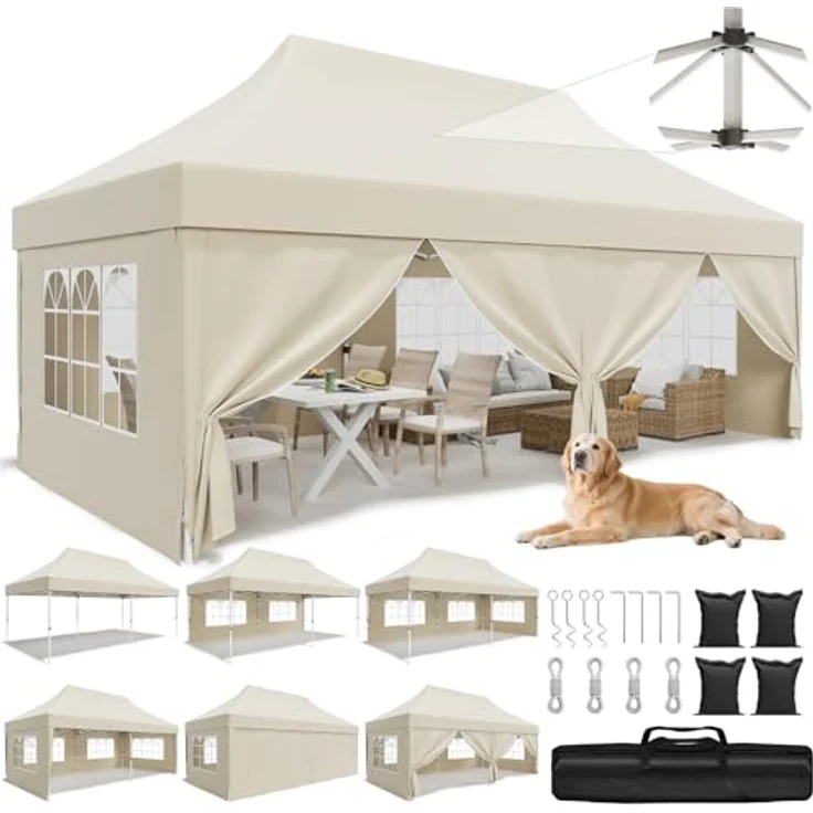JUMMICO Faltpavillon 3x6 mit Hoher Spitze, um 60% Verbesserte Regenschutzleistung. UV 50+, Pavillon 3x6 Wasserdicht Stabil Winterfest, Shelter mit seitenwänden, für Garten und Camping, Beige – Bild 1