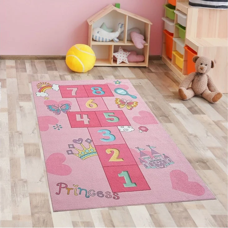 Carpetia Kinderteppich Hüpfkästchen Kinder-Spielteppich mit Prinzessinnen Burg in rosa, rechteckig, Höhe: 5 mm – Bild 3