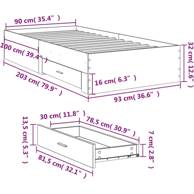 vidaXL Bettgestell mit Schubladen Sonoma-Eiche 90x200cm Holzwerkstoff 3280428 – Bild 9