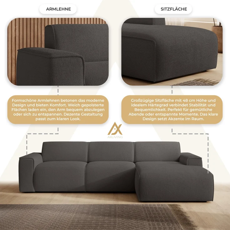 AX LIVING Couch Sofa L Form Didim mini Grau 310 cm breit, stilvoll R – Bild 6