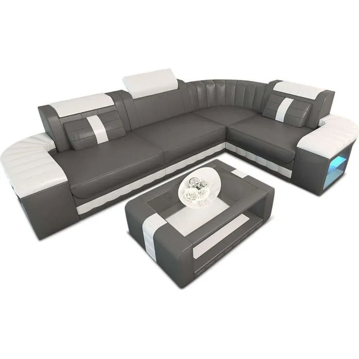 Mini Designersofa Leder Bergamo mit LED - Ledermix - Grau-Weiß - Rechts