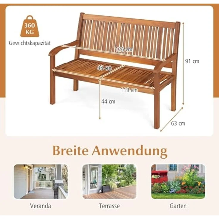 FANTASK Gartenbank Holz, für 2-3 Sitzer, Balkonbank aus Akazienholz bis 320 kg belastbar, 126 x 63 x 91 cm, Natur – Bild 3