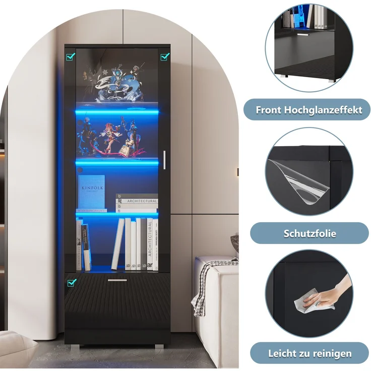 Schwarze Hochglanzvitrinen mit Acryltür, LED-beleuchtete Acryl-Vitrine, Vitrinen für Sammlerstücke, Parfümschränke, Bücherregale und Acryl-Vitrine mit schwarzen Hochglanztüren (3 Fachböden)--Schwarz--40x50x160cm--YOUDENOVA – Bild 8