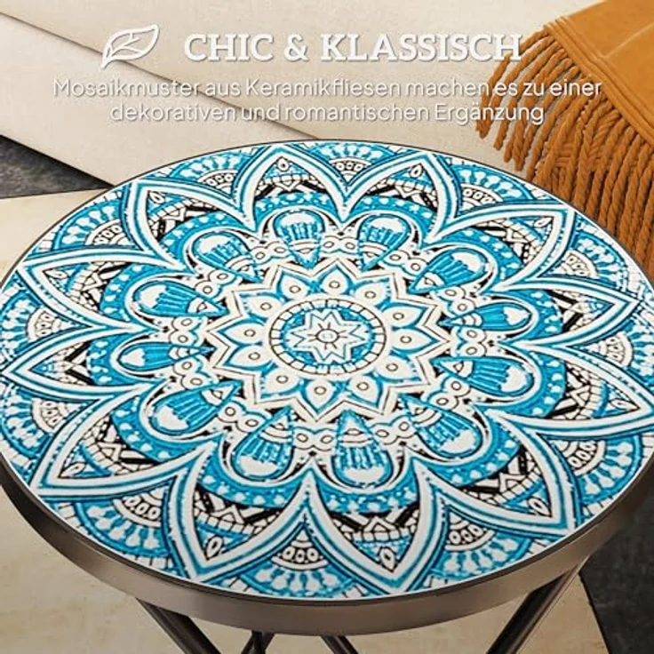 Outsunny Gartentisch mit Mosaik-Design, Ø35,5 x 55 cm, Rund, wetterfest, aus Metall (klappbar Balkontisch, 1-St, Beistelltisch), für Wohnzimmer, Büro, Outdoor, Indoor, Blau – Bild 4