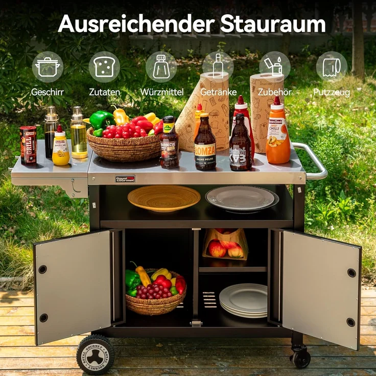 Royal Gourmet Grillwagen mit Klappbarem Seitentisch Grilltisch mit Handtuchgriff, Unterschrank, Grill Trolley mit Edelstahl Tischplatte, Servierwagen mit Rollen – Bild 7