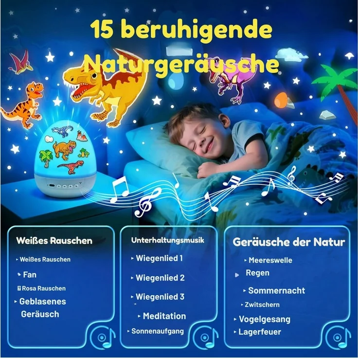Vivitar LED-Sternenhimmel Dino-Ei-Projektor für Kinder, Nachtlicht mit 12 Projektionsfolien, Geschenk für Jungen und Mädchen, 360°-Drehung, 7 Farben, 15 Melodien und beruhigenden Klängen, 1200-mAh-Akku, aufladbar über USB-C, 15/30-Minuten-Timer, DIY-Di... – Bild 4