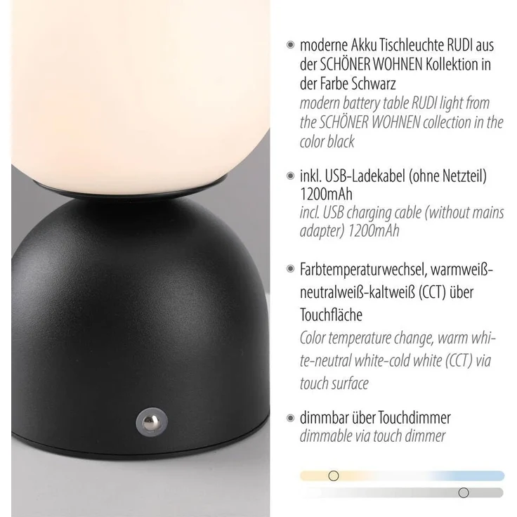 SCHÖNER WOHNEN-Kollektion LED Tischleuchte LED Tischlampe RUDI, Dimmbar, CCT, USB, 1xLED-Board/1,20W/3000K, warmweiß, Akku USB, Dimmbar Touchdimmer CCT – Bild 3