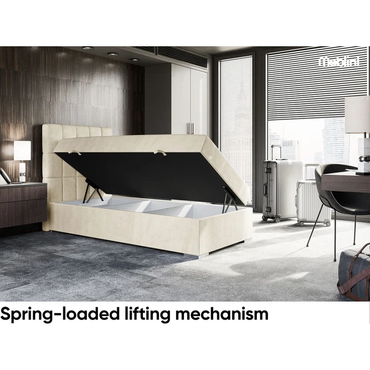 MEBLINI Boxspringbett LUKAS 100x200cm Links - H3/Creme Samt - mit Bettkasten - Gepolstert Einzelbett mit Topper & Taschenfederkern-Matratze – Bild 3
