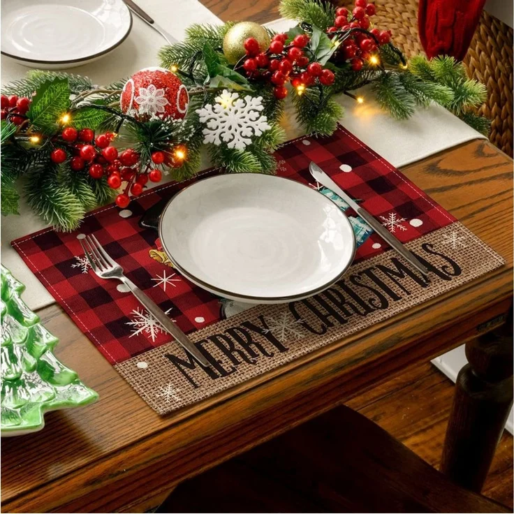Bomiclss Platzset Tischsets mit Weihnachtsbäumen und Schneemann, Winter-Tischsets, (4-St), für den Außenbereich, Zuhause, Party, Küche, Esszimmer, Dekoration – Bild 4