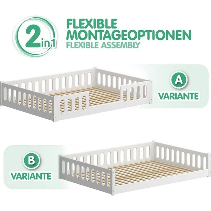 CADANI Monte 2in1 Bodenbett 140x200 cm Montessori Kinderbett Rausfallschutz abnehmbar - weiß, 46 kg schwer, bis 200 kg belastbar, extra starker Roll-Lattenrost, umbaubar – Bild 4