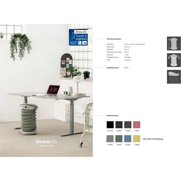 Sitness 'Aktiv-Sitz 4D' Ergonomischer Bürostuhl, Stoff weiß/grau, 37.5 x 64 x 36 cm, 110 kg belastbar – Bild 2