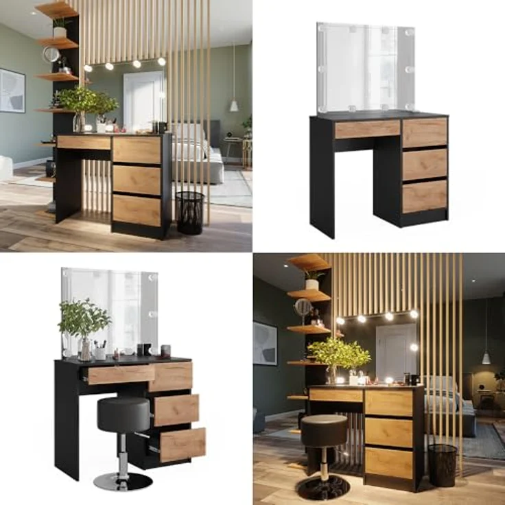 Vicco Schminktisch Sherry, Anthrazit/Goldkraft Eiche, 90 x 75 cm mit Spiegel & LED-Beleuchtung – Bild 8