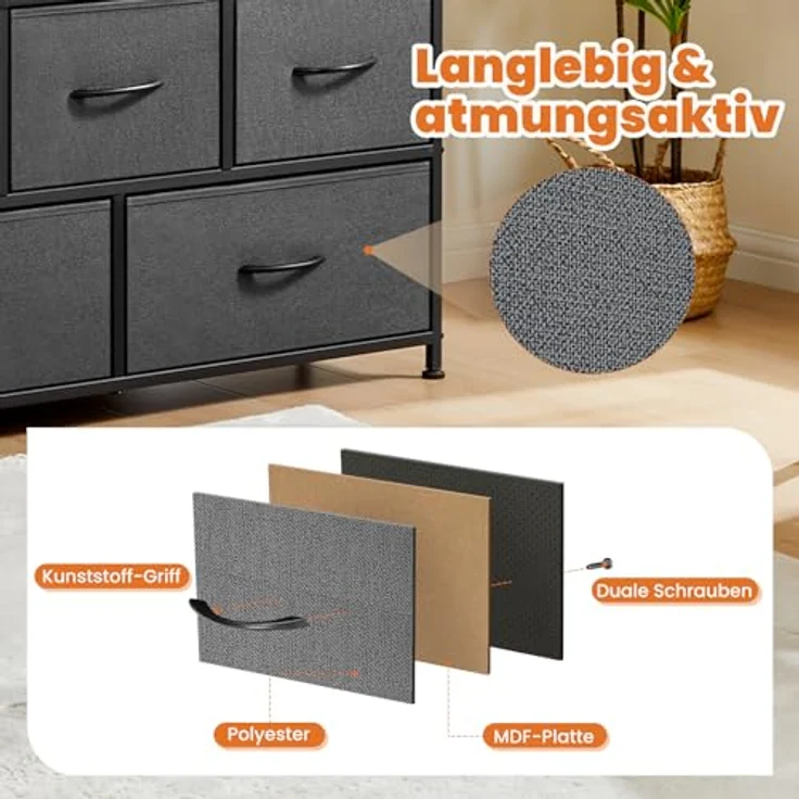 Sweetcrispy Kommode,TV Schrank Stand für Schlafzimmer mit 5 Stoffschubladen,Sideboard Wohnzimmer für 115cm TV,Einstellbare Füße Schubladenschrank,Grau – Bild 4