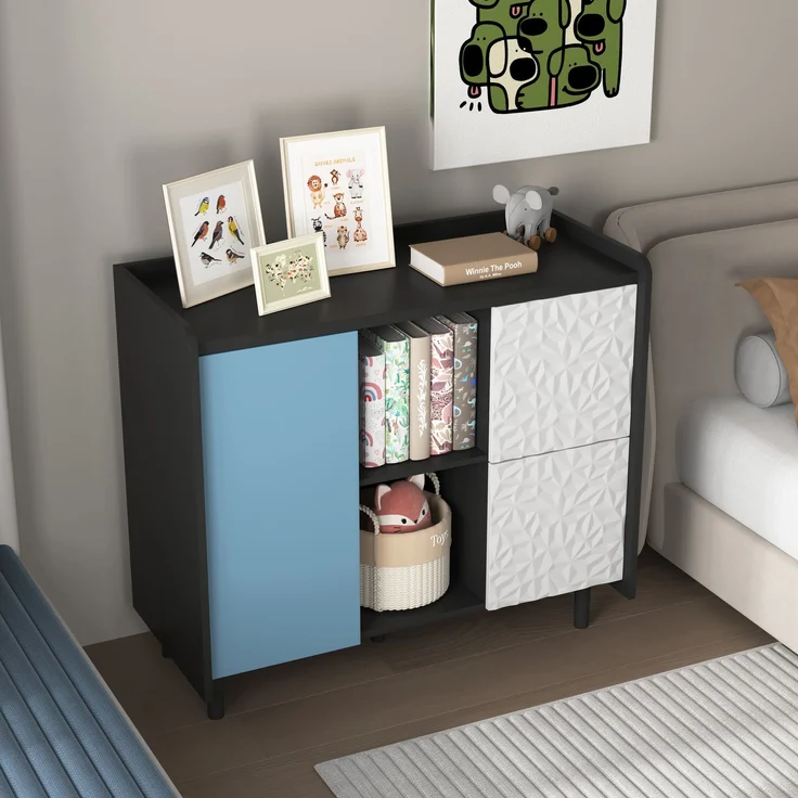 Sideboard-Buffetschrank in Schwarz mit blauen Türen und 2 Schubladen – Viel Stauraum für Küche und Esszimmer – Bild 7