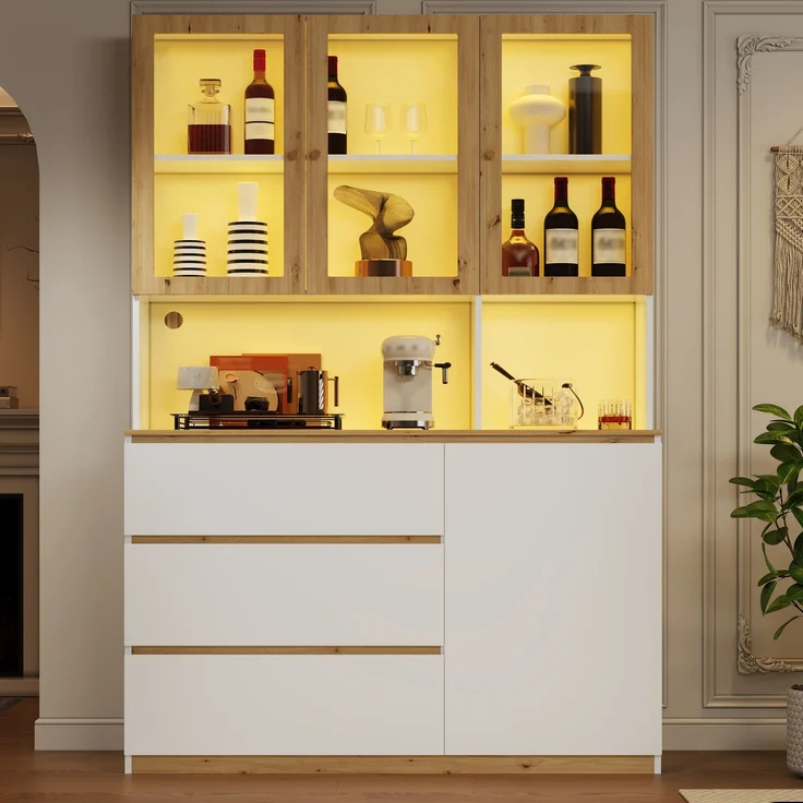Vitrine/Hochschrank mit LED-Beleuchtung – 120 × 200 cm, mit verlängerter Arbeitsplatte, multifunktionales Standmöbel, weiß und Eiche – Glasvitrine, Küchenhochschrank und Bücherregal--Eiche, Weiß--134.19x49.71x12.8cm--YOUDENOVA – Bild 3