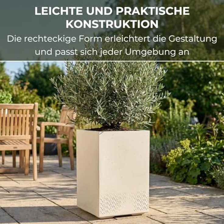 LAMELA Pflanzkübel mit Rollen Höhe 60 cm, 36L – Blumentopf aus Kunststoff in Betonoptik – Übertopf mit Wasserablauf – Modern für Innen & Außen - Wetterfest & Pflegeleicht, Creme – Bild 5