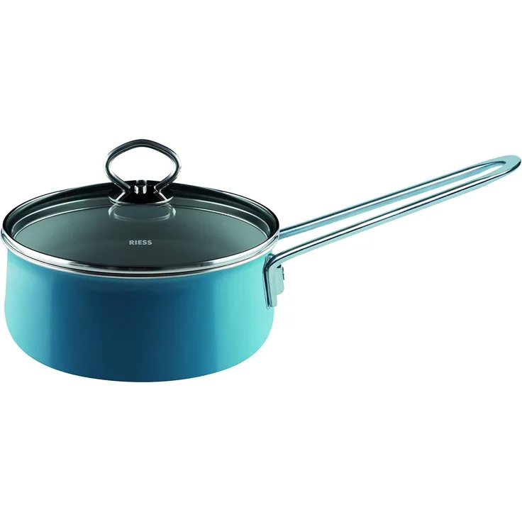 Riess Nouvelle Aquamarin Stielkasserole mit Glasdeckel Ø16cm, 1 Liter Emaille extrastark