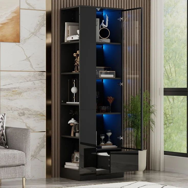 Vitrine 50 x 35 x 160 cm mit Glastür, LED-Beleuchtung und Schublade – Schwarz – Bild 2