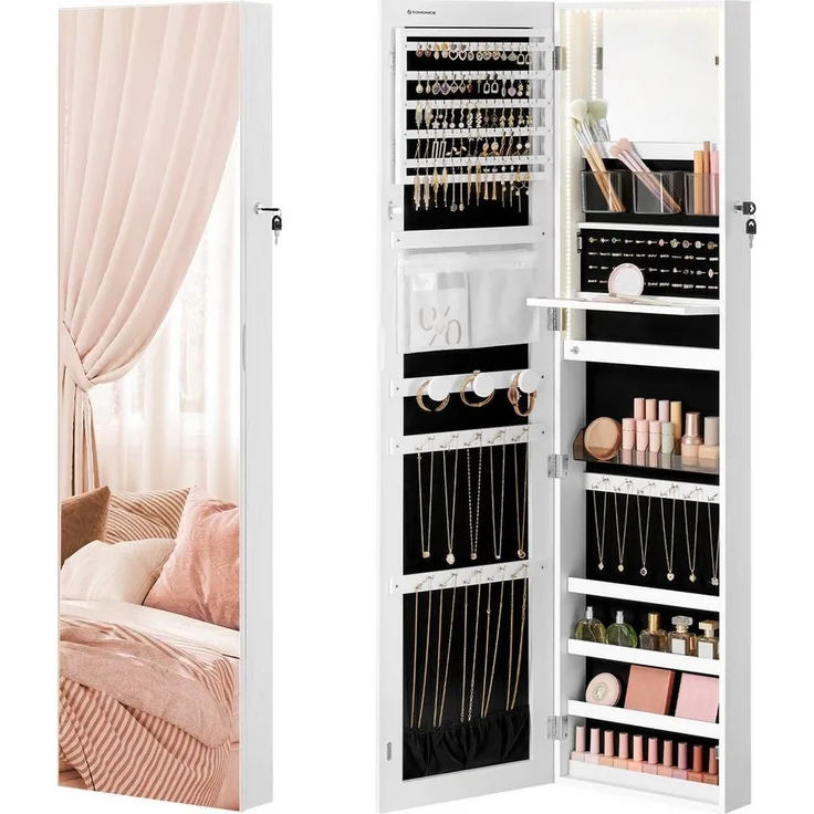SONGMICS Schmuckschrank 140 cm hoch, Schmuckorganizer mit beleuchtetem Innenspiegel, Spiegelschrank wand- oder türmontiert, abschließbar, Geschenkidee, wolkenweiß JJCDE032W01