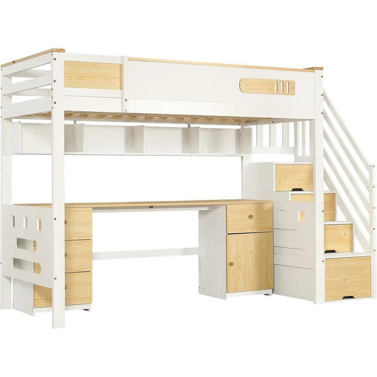 Hochbett mit Schreibtisch, Rausfallschutz, Lattenrost und Stauraum, 90x200 cm, Kinderbett, Kiefer – Bild 8