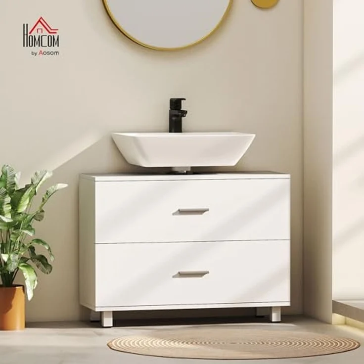 HOMCOM Waschbeckenunterschrank mit 2 Schubladen Badezimmerschrank geteilter oberer Schublade Waschtischunterschrank Badezimmer Unterschrank 80 x 30 x 60 cm Weiß – Bild 2