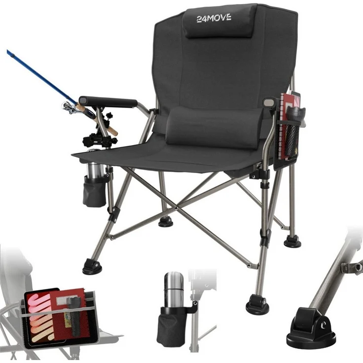 24Move Angelstuhl Campingstuhl Anglerstuhl faltbar inkl. Tragetasche, bis 150kg, inkl. Universalhalter und Getränkehalter, schwarz – Bild 1
