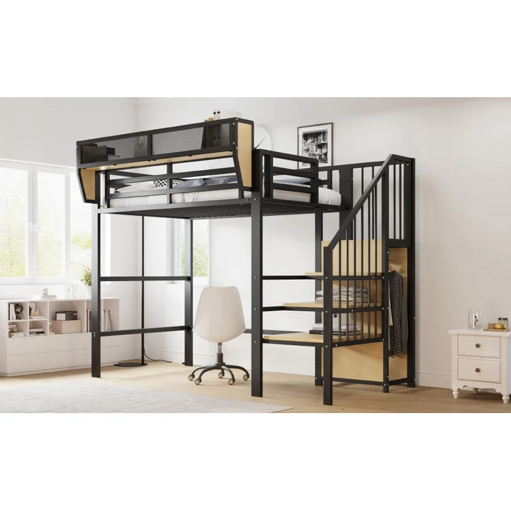 EINHOM Hochbett 90 x 200 cm mit Sicherheitsleiter und Flexiblem Staufach, Metallbett Erwachsenenbett Kinder-Etagenbett Schwarz (Ohne Matratze) – Bild 5