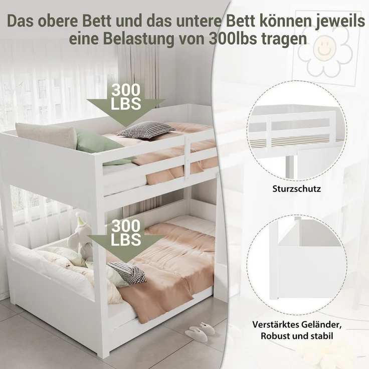 Odikalo Etagenbett Kinderbett Jugendbett 90x200 (Kinder-Etagenbett, Doppelbett, multifunktionales Kinderbett, Mit Treppen und Schließfächern,stabiles Geländer, ohne Matratze, 90*200cm, Weiß) – Bild 2