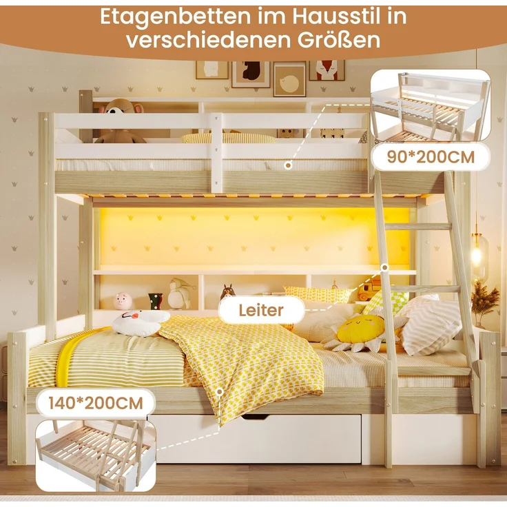 Etagenbett mit 2 Liegeflächen, LED-Beleuchtung, Schubladen, Regal, Rausfallschutz, Lattenrost, 90x200cm/140x200cm, Kinderbett, Massivholz – Bild 5