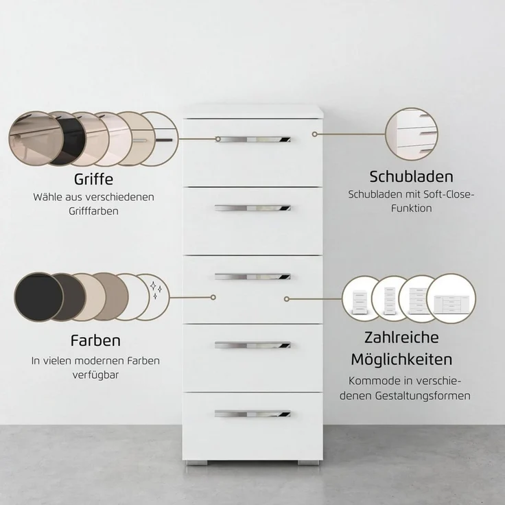 rauch Schubkastenkommode Highboard Sideboard Kommode MONTCLAR Frontauswahl Dekor/Hochglanz/Glas (in 2 Breiten: 40 oder 80 cm / Höhe 100 cm, inkl. Soft-Close-Funktion), mit 5 geräumigen Schubladen, viele Griffvarianten MADE IN GERMANY – Bild 4