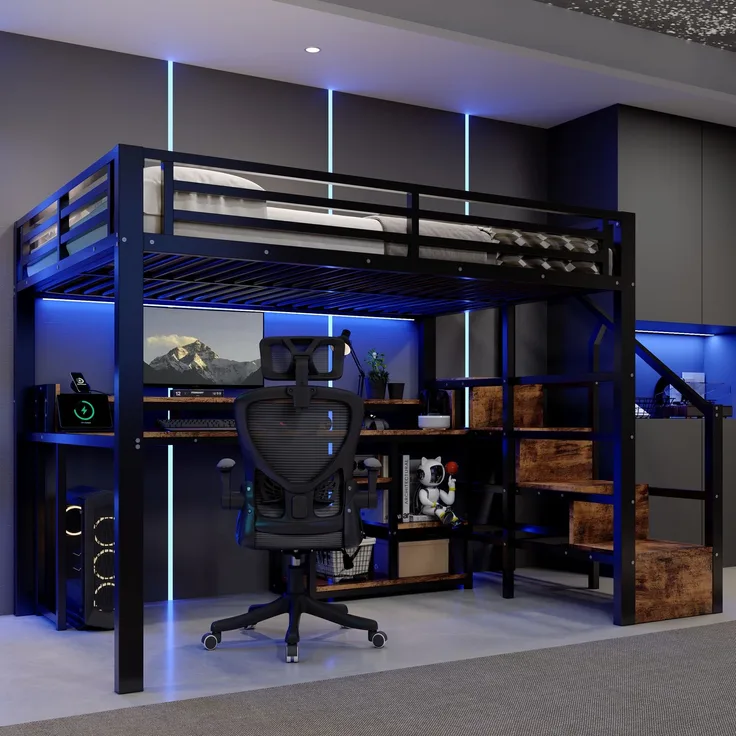 Hochbett, 140 x 200 cm, Metallbettgestell, Leiterschrank, Ablagefach, USB + Typ-C, LED-Lichtleiste, Ohne Matratze, Schwarz