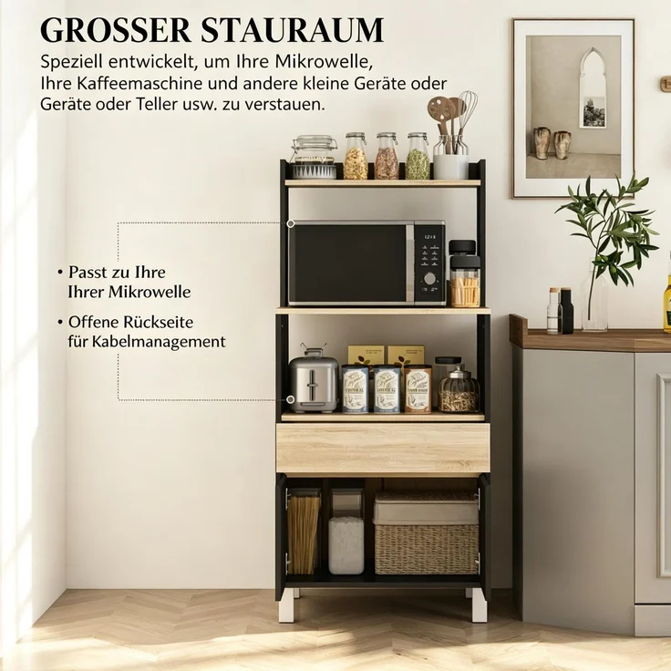 ZUBALIYA Küchen‑Buffet Mikrowellenschrank mit Schrank, mit praktischer Küchenaufbewahrungsschrank für Haushalt und mikrowellenmöbel, 60.00 x 40.00 x 131.00 cm, mit Schubladen, Samt, Schwarz – Bild 5
