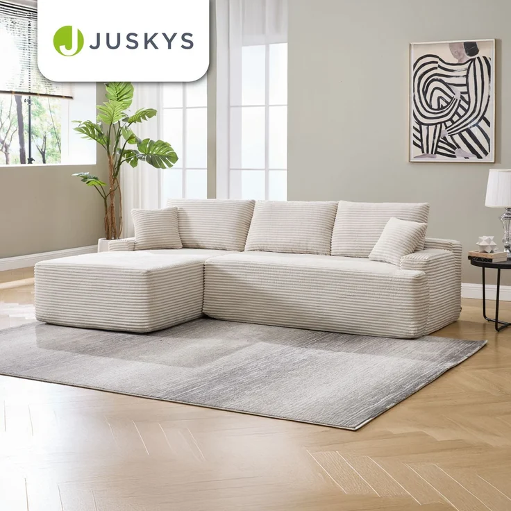 Juskys Sofa Coredo - modernes Cord Sofa mit Ottomane links, gemütliche Couch mit Schaumstoffpolsterung, Cordbezug & Kissen, modular - Beige – Bild 7